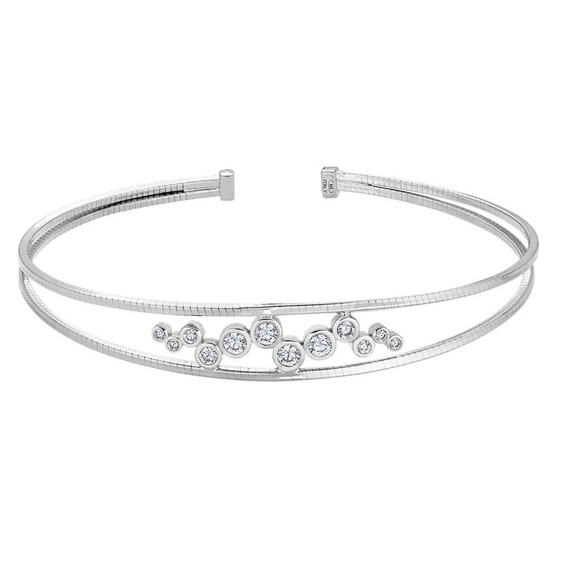 Bella Cavo Silver Simulated Diamond Bubble Dual Omega Cable Cuff Bracelet