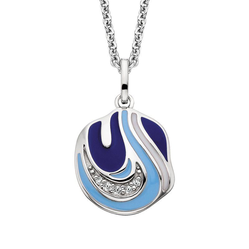 Silver Round White Topaz Blue Enamel Wave Necklace