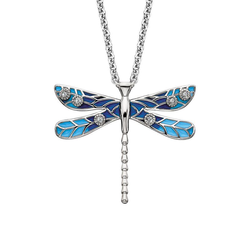 Silver Round White Topaz and Blue Enamel Dragonfly Necklace