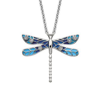 Silver Round White Topaz and Blue Enamel Dragonfly Necklace