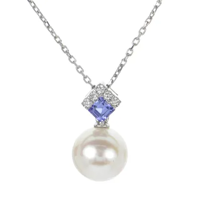 14KT White Gold Freshwater Cultured Pearl with Tanzanite and Diamond Bail Necklace