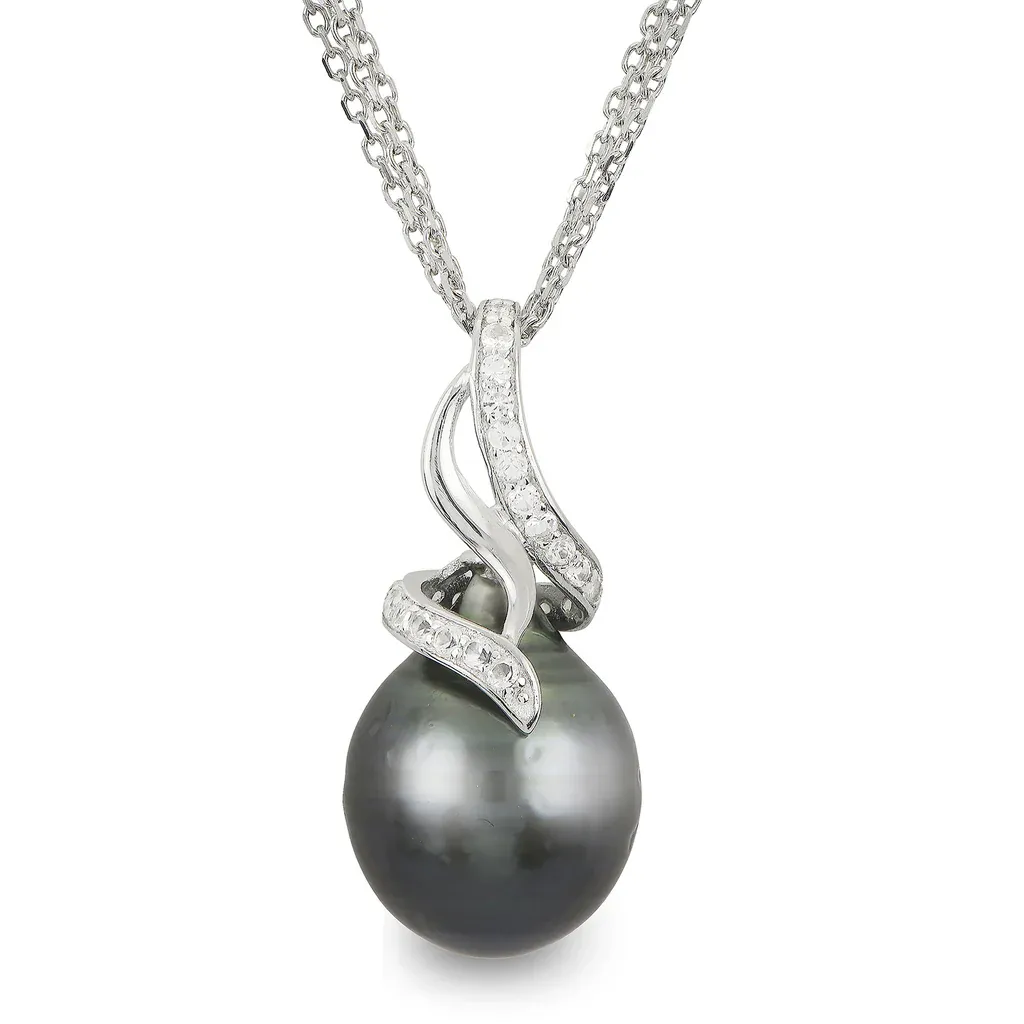 Silver Tahitian Pearl and White Topaz Drop Pendant Necklace