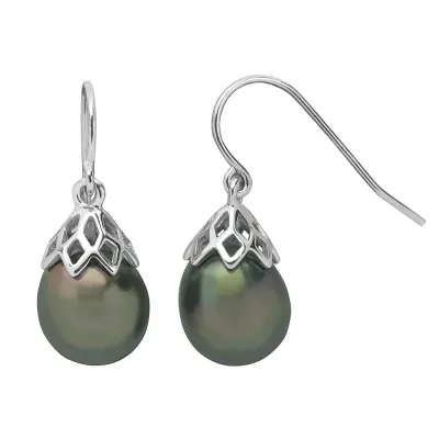 Silver Tahitian Cultured Pearl Drop Pendant Dangle Earrings