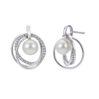 Silver Freshwater Cultured Pearl White Topaz Open Circle Earrings