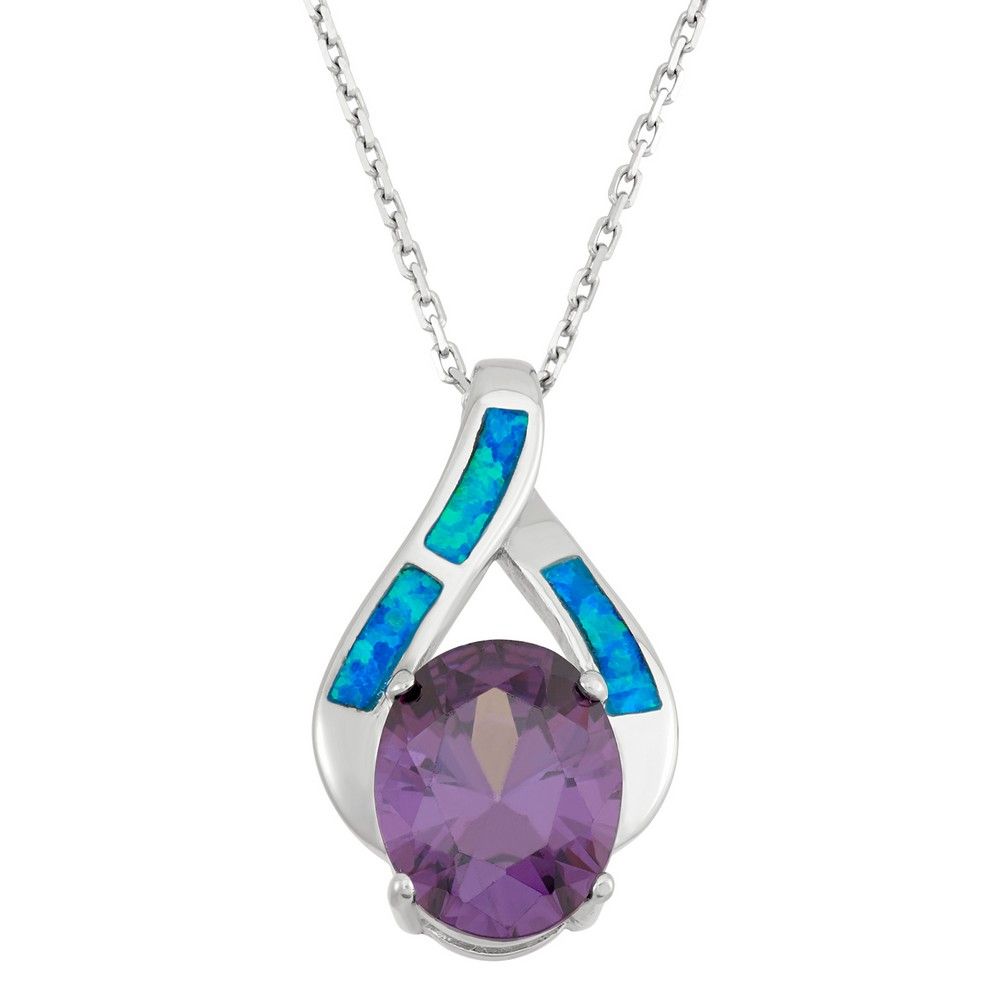 Silver Blue Opal Inlay Oval Purple Cubic Zirconia Necklace