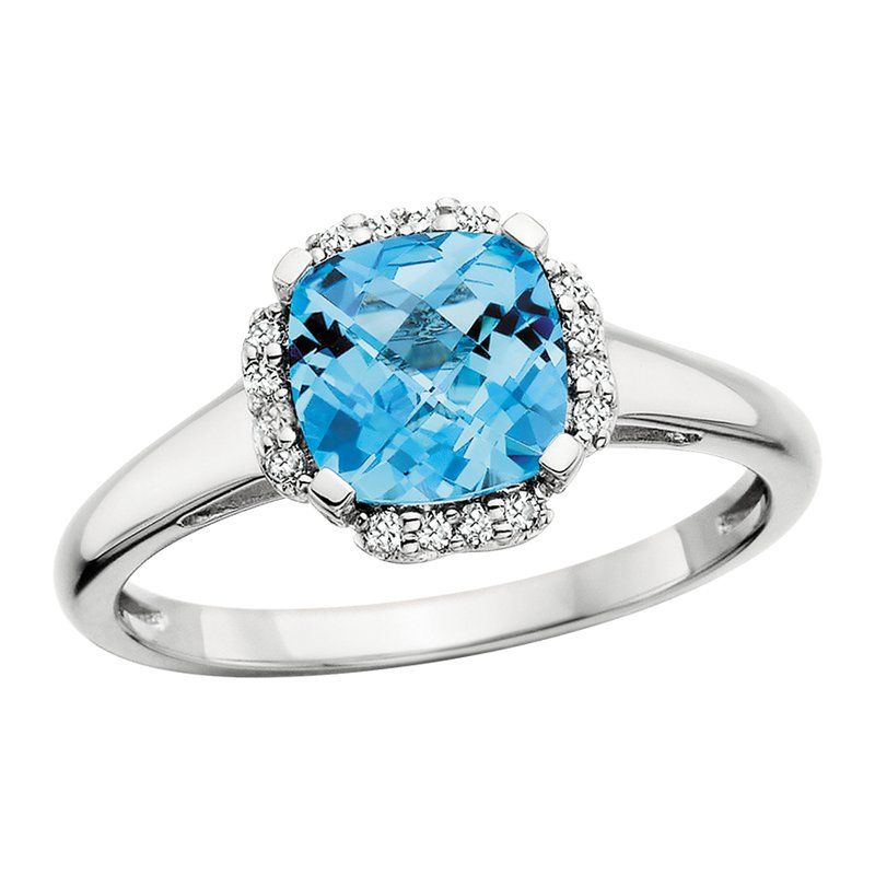 Silver Cushion Blue Topaz Cubic Zirconia Halo Ring