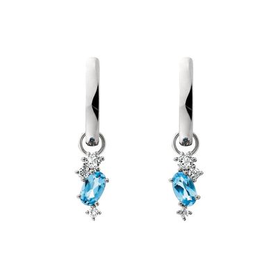 Silver Oval Blue Topaz and White Topaz Hoop Earrings