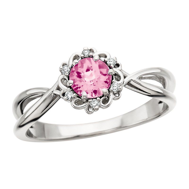 10KT White Gold Round Created Pink Sapphire Diamond Halo Split Shank Ring