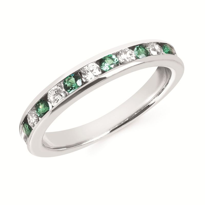 14KT White Gold Alternating Round Emerald & Diamond Channel Band