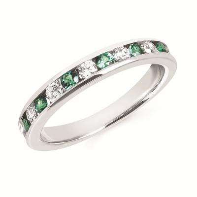 14KT White Gold Alternating Round Emerald & Diamond Channel Band