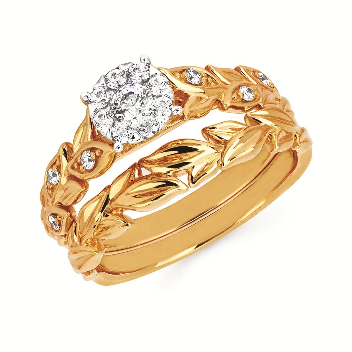 14KT Yellow Gold Diamond Cluster Floral Wedding Set