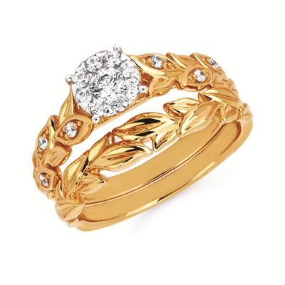 14KT Yellow Gold Diamond Cluster Floral Wedding Set
