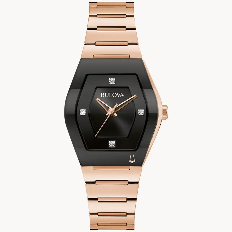 Bulova Rose Gold Tone Black Dial Gemini Watch