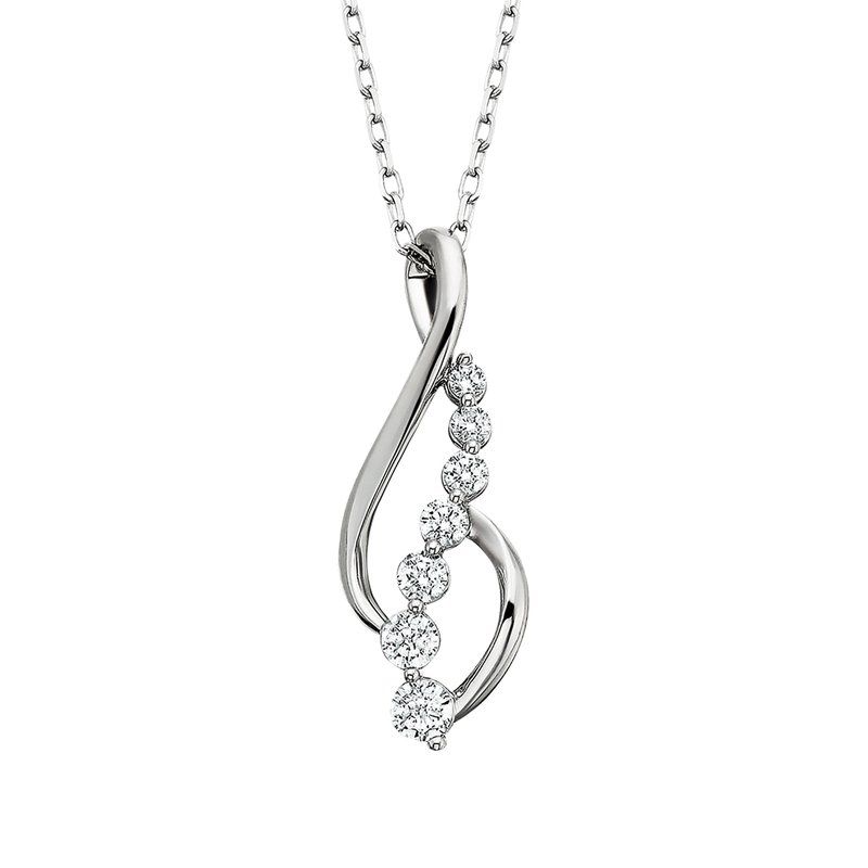 14KT White Gold Seven Round Diamond Journey Pendant Necklace