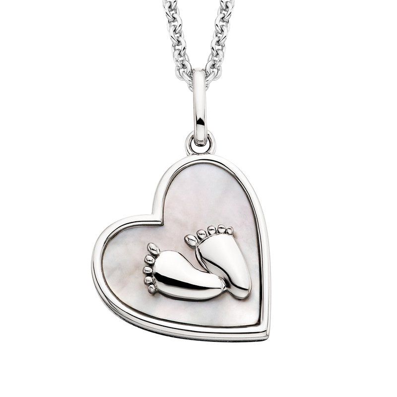 Silver Heart Mother of Pearl with Baby Footprints Necklace
