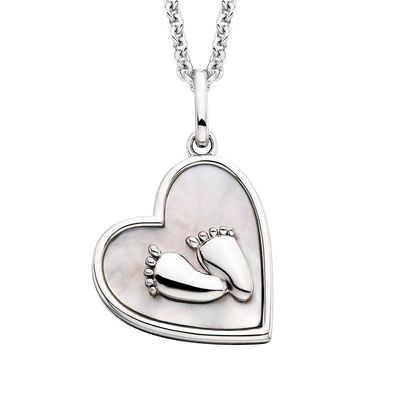 Silver Heart Mother of Pearl with Baby Footprints Necklace