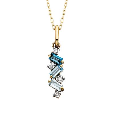 10KT Yellow Gold Three Baguette Blue Topaz Ombre Diamond Accent Necklace