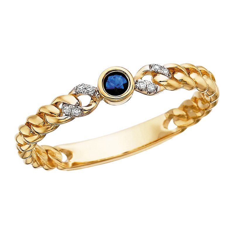 10KT Yellow Gold Round Blue Sapphire Diamond Accent Curb Link Ring