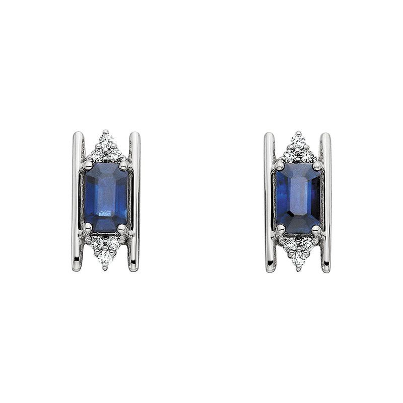 10KT White Gold Rectangle Blue Sapphire Diamond Accent Earrings