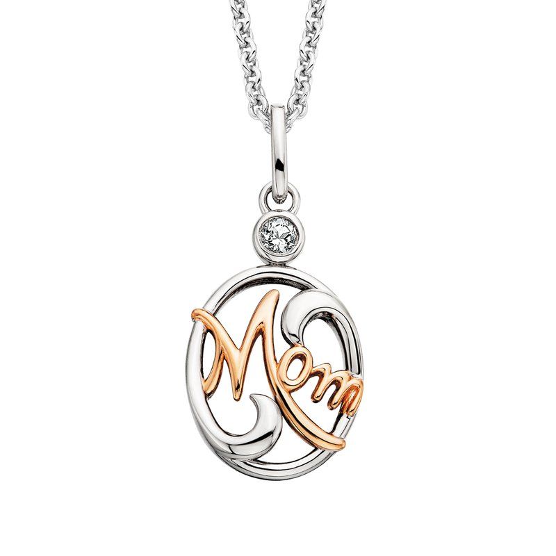 Silver TwoTone "Mom" Round White Topaz Accent Necklace