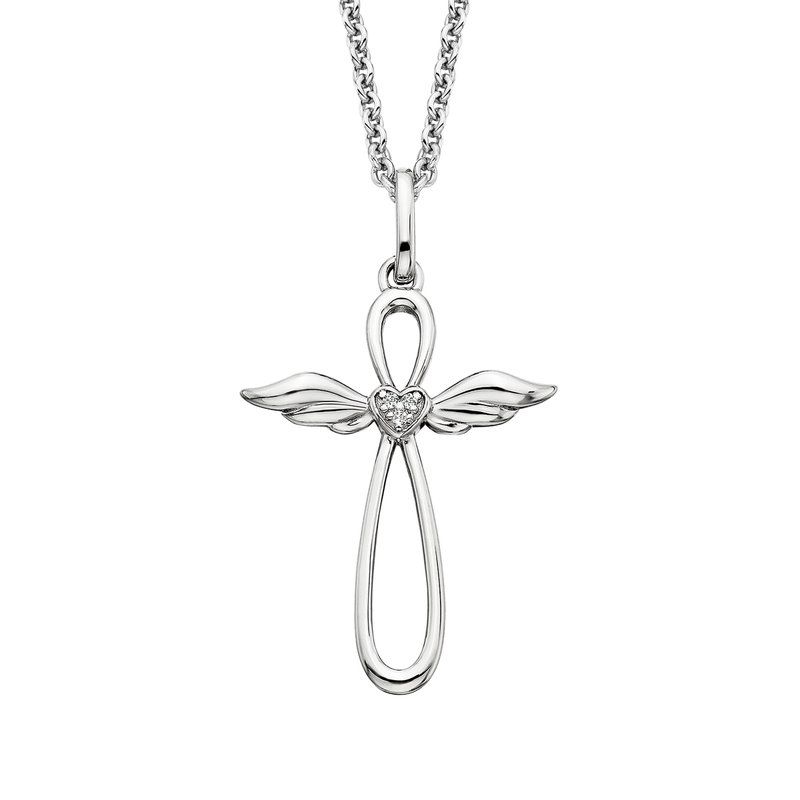 Silver White Topaz Guardian Angel Cross Necklace
