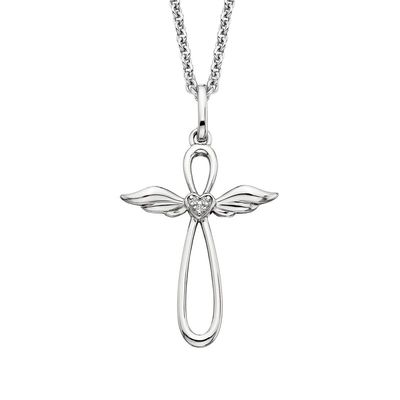Silver White Topaz Guardian Angel Cross Necklace