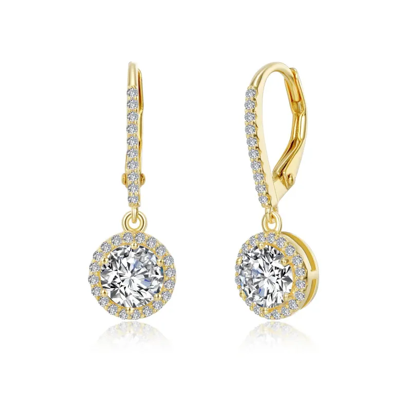Yellow Gold-Plated Simulated Diamond Halo Drop Earrings