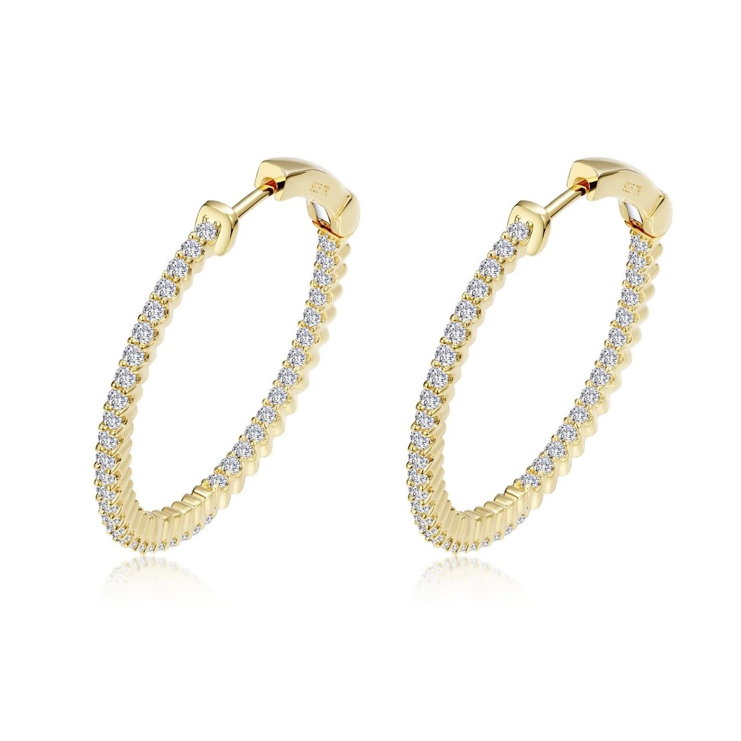 Yellow Gold-Plated 1.2CTW Simulated Diamond In-and-Out 25mm Hoop Earrings