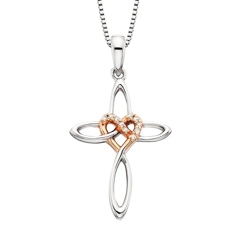 Silver TwoTone Diamond Accent Infinity Heart Cross Necklace