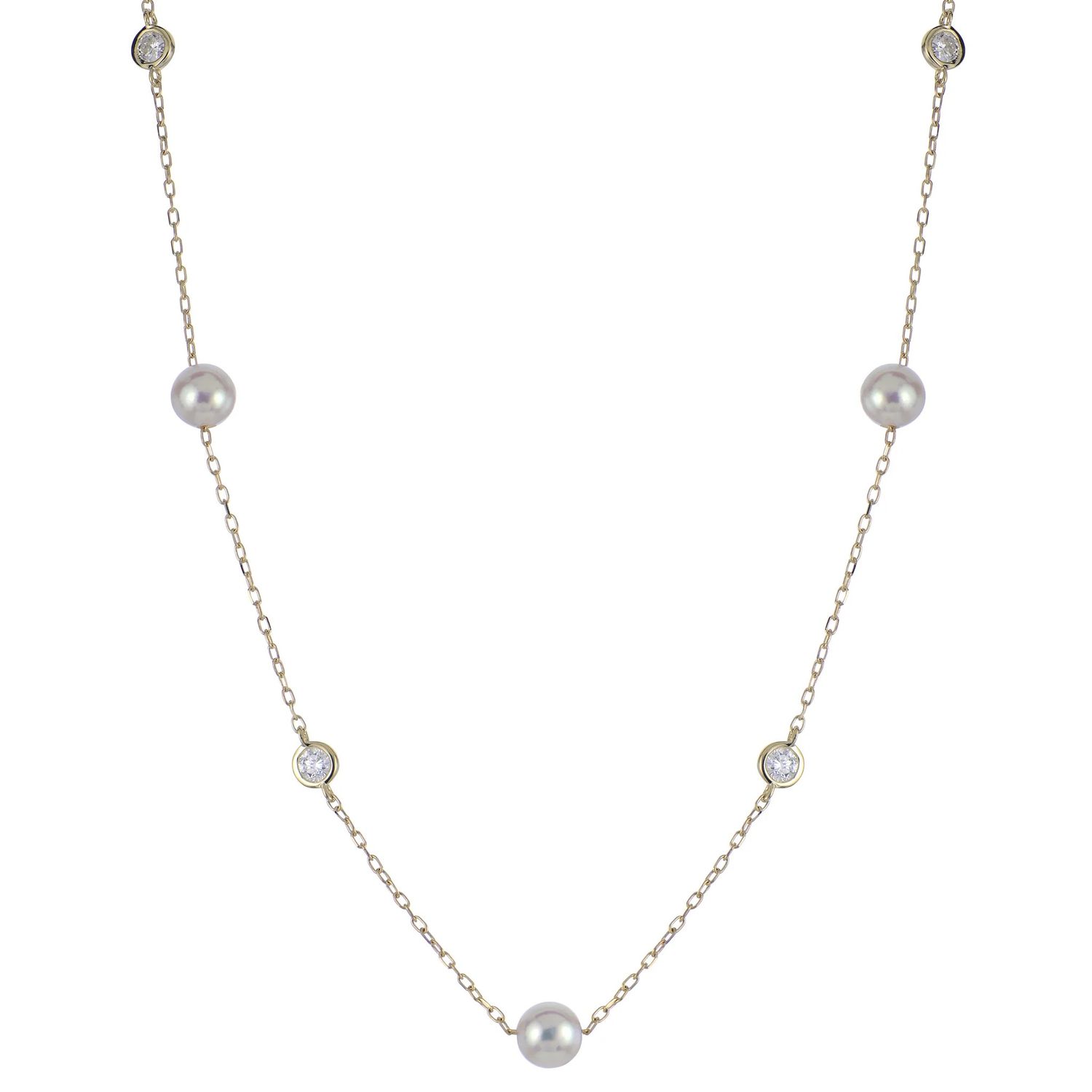 14KT Yellow Gold Akoya Cultured Pearl and Lab Diamond Necklace 14KT Yellow Gold Akoya Cultured Pearl and Lab Diamond Necklace