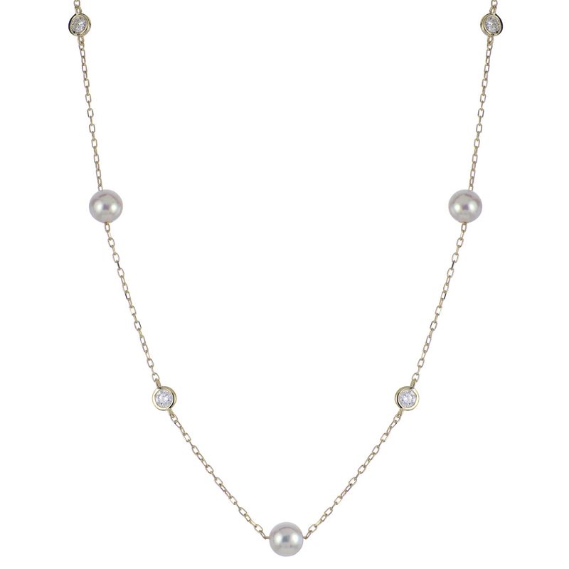 14KT Yellow Gold Akoya Cultured Pearl and Lab Diamond Necklace
