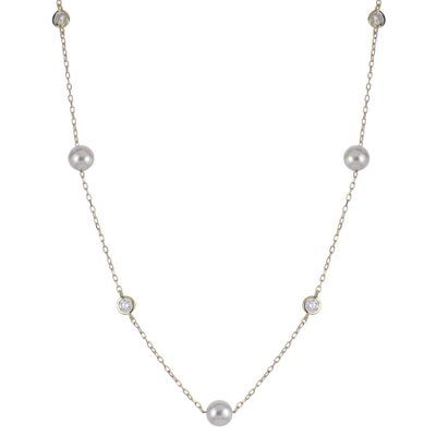 14KT Yellow Gold Akoya Cultured Pearl and Lab Diamond Necklace 14KT Yellow Gold Akoya Cultured Pearl and Lab Diamond Necklace