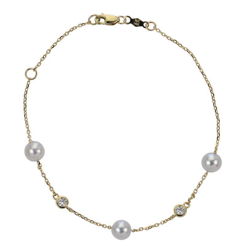 14KT Yellow Gold Akoya Cultured Pearl and Lab Diamond Bracelet
