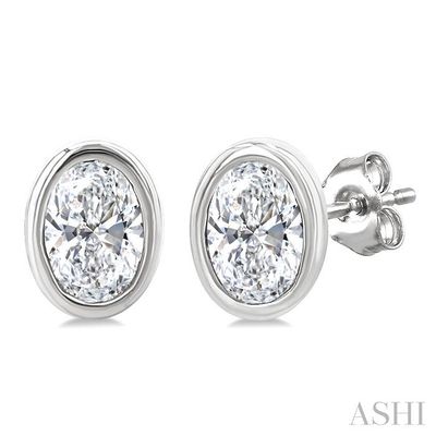 10KT White Gold Oval Diamond Bezel Stud Earrings