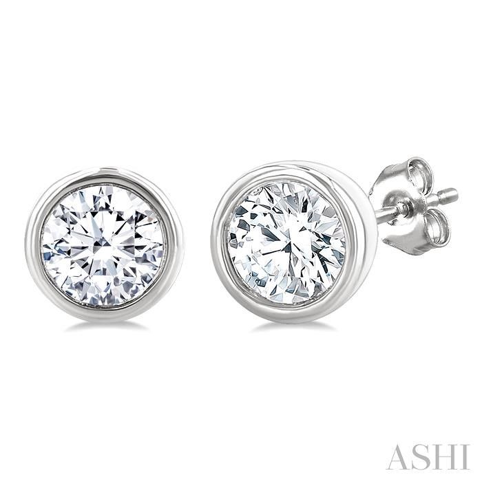 10KT White Gold Round Diamond Bezel Stud Earrings