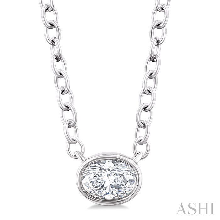 10KT White Gold Oval Diamond Bezel Necklace