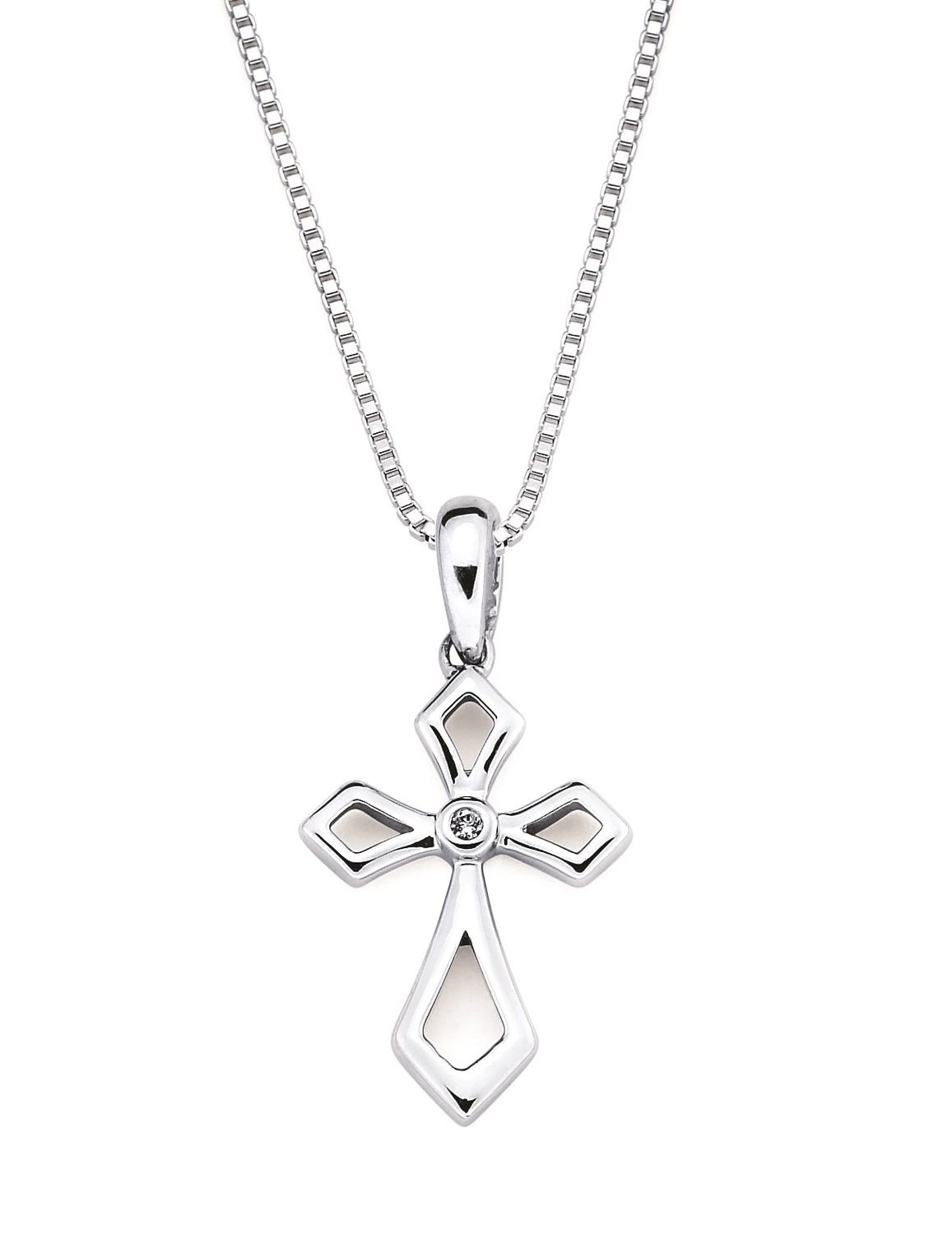 Silver Round Diamond Accent Open Arms Cross Necklace Silver Round Diamond Accent Open Arms Cross Necklace