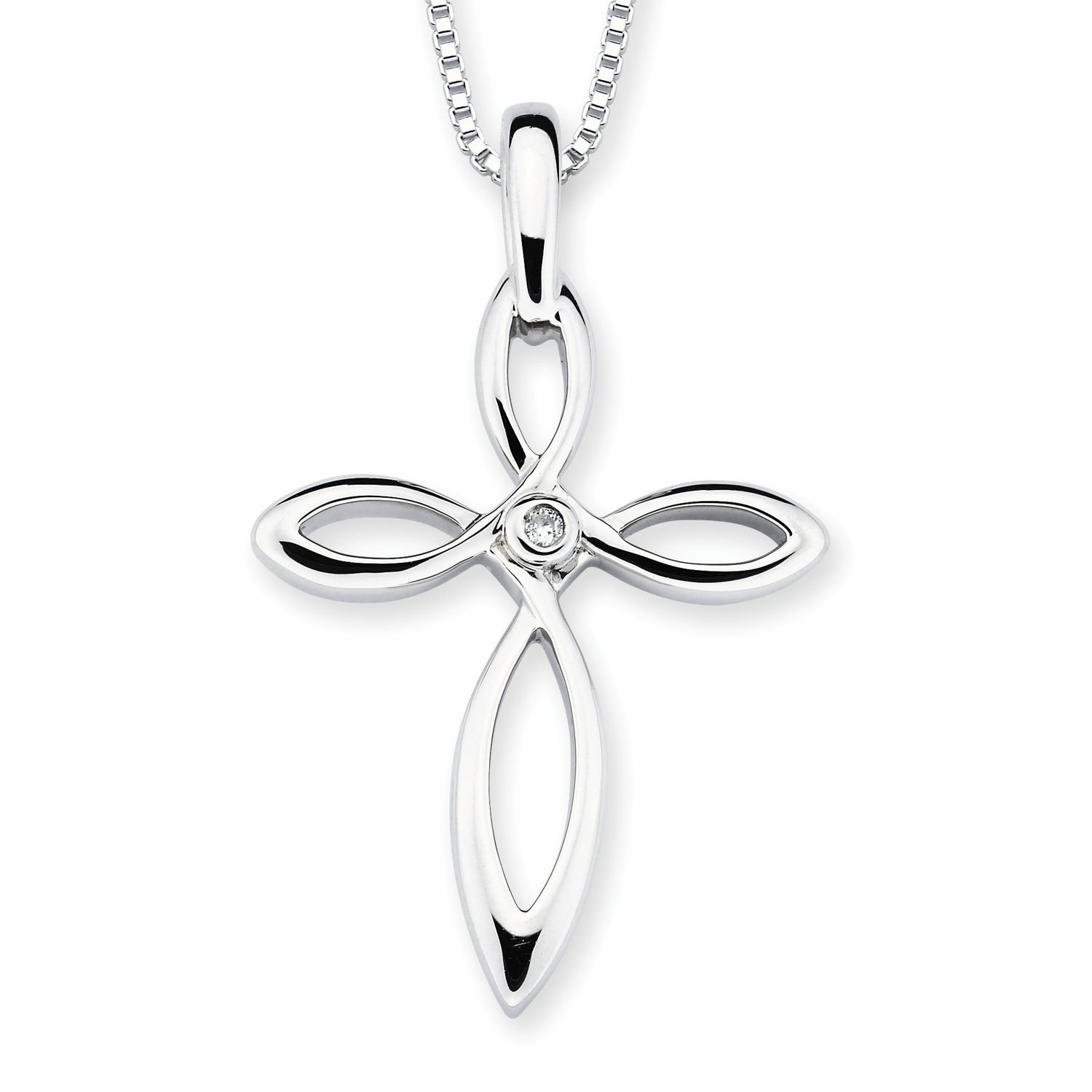 Silver Round Diamond Accent Open Arms Cross Pendant Necklace