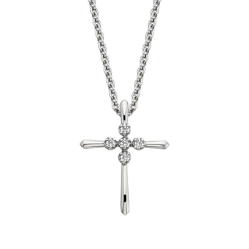 10KT White Gold Five Round Diamond Cross Pendant Necklace