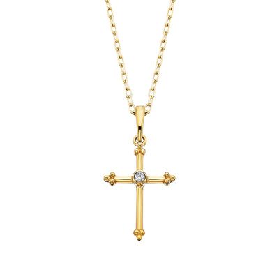 10KT Yellow Gold Round Diamond Beaded Accent Cross Pendant Necklace