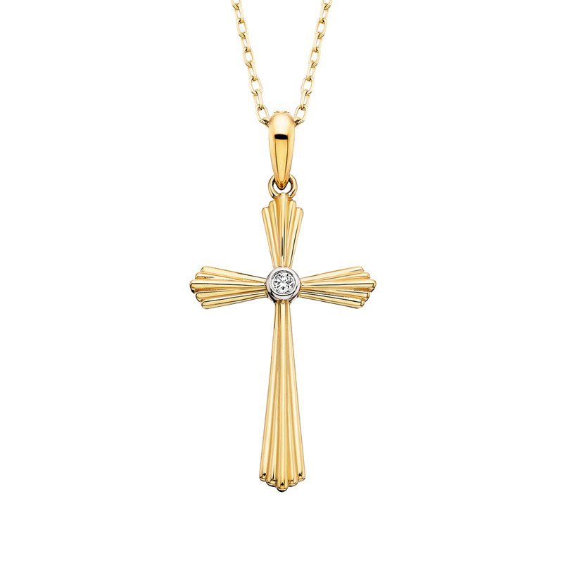 10KT Yellow Gold Round Diamond Accent Flared Cross Pendant Necklace
