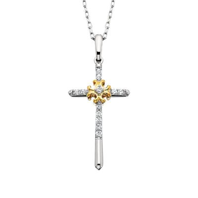 10KT TwoTone Gold Diamond Cross Pendant Necklace