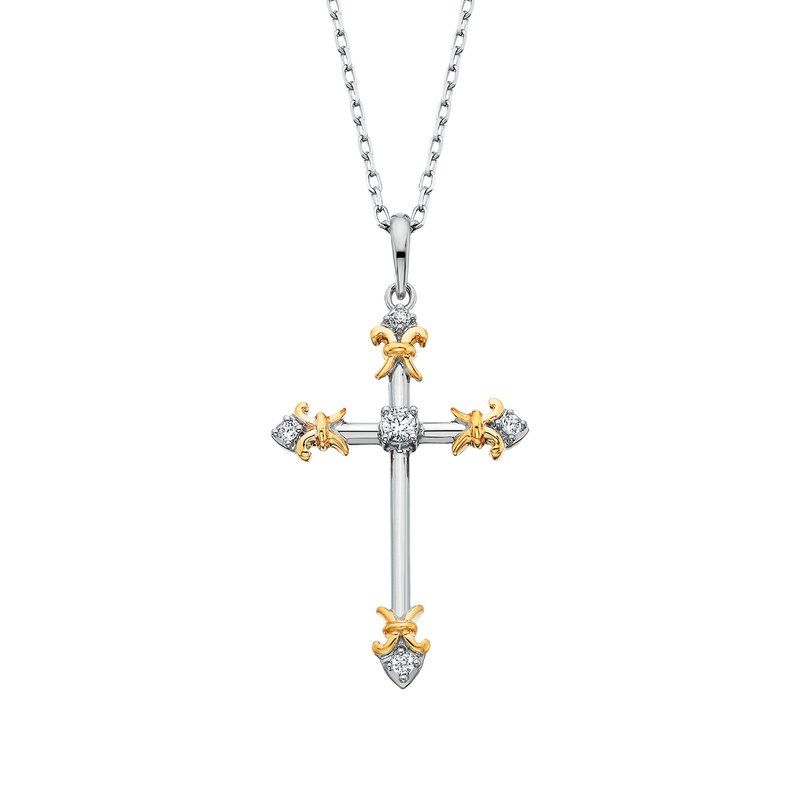 14KT TwoTone Gold Five Round Diamond Accent Cross Pendant Necklace