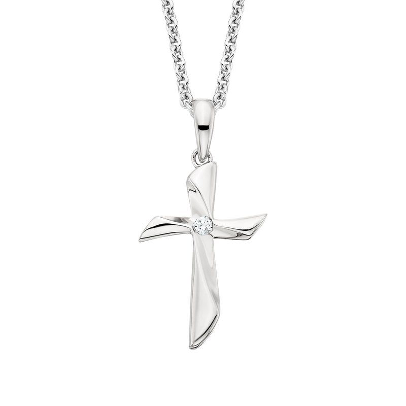 Silver Round Diamond Accent Wavy Cross Pendant Necklace