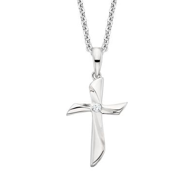 Silver Round Diamond Accent Wavy Cross Pendant Necklace