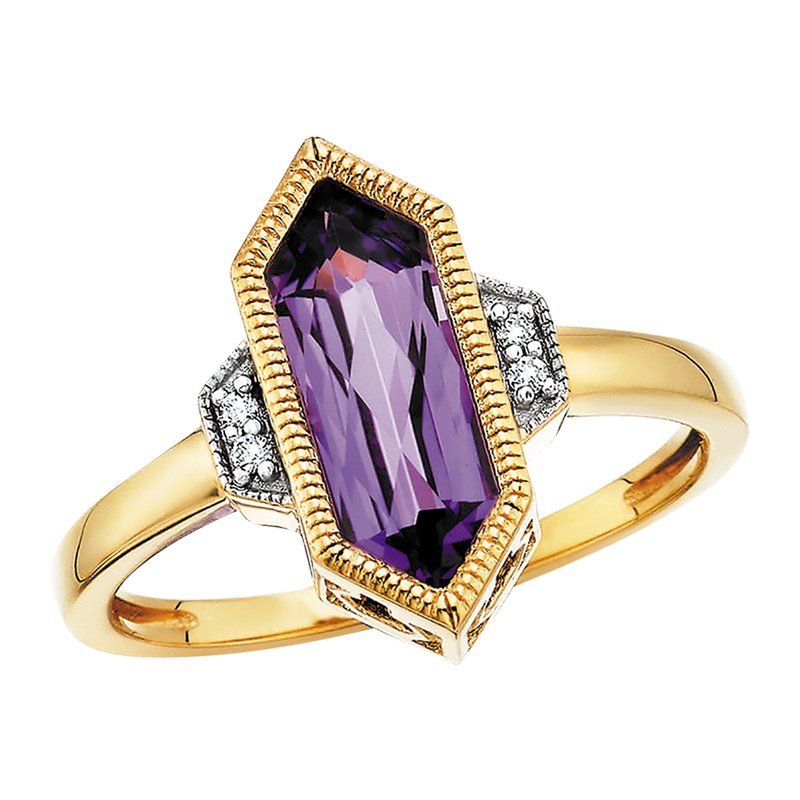 10KT Yellow Gold Hexagon Amethyst Diamond Accent Ring