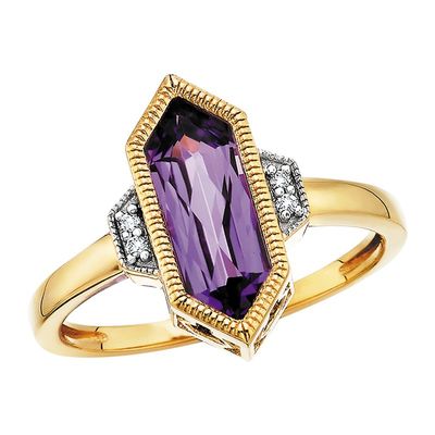 10KT Yellow Gold Hexagon Amethyst Diamond Accent Ring 10KT Yellow Gold Hexagon Amethyst Diamond Accent Ring