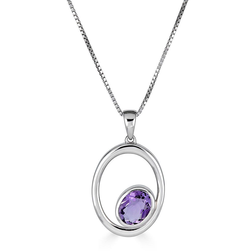 Silver Off-Center Bezel-Set Oval Amethyst Open Oval Pendant Necklace