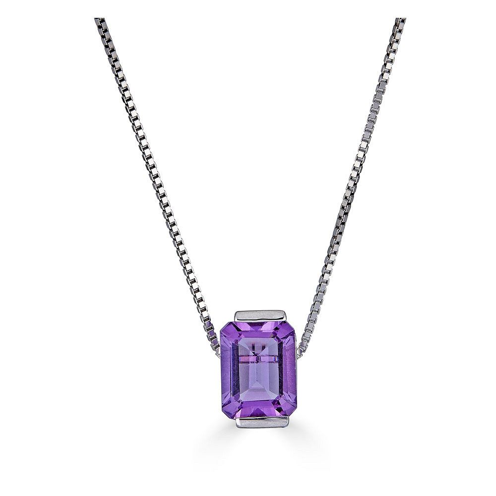 Silver Half-Bezel Emerald-Cut Amethyst Pendant Necklace Silver Half-Bezel Emerald-Cut Amethyst Pendant Necklace