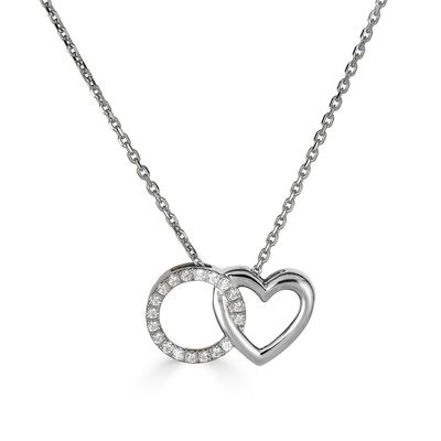 Silver Interlocking Heart and Lab-Created Diamond Accented Circle Pendant Necklace